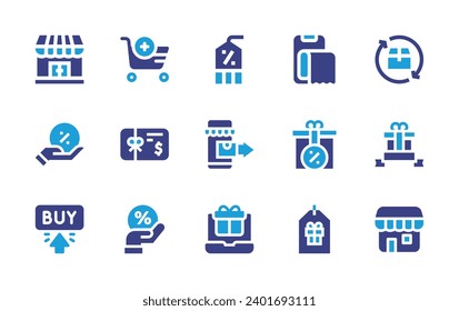 Shopping icon set. Duotone color. Vector illustration. Containing discount, store, return, online transaction, add to cart, ecommerce, offer, black friday, gift, gift card, buy button, tag, save money