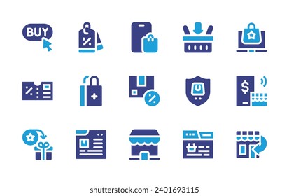 Shopping icon set. Duotone color. Vector illustration. Containing add to basket, order online, price tag, protection, procurement, ecommerce, online store, buy button, black friday, package, coupon.