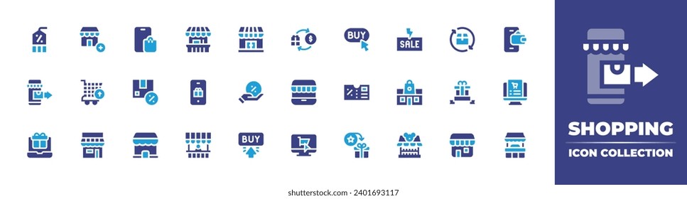 Shopping icon set. Duotone color. Vector illustration. Containing discount, store, return, online store, buy button, ecommerce, offer, black friday, package, coupon, gift, shop, redeem points, buy.