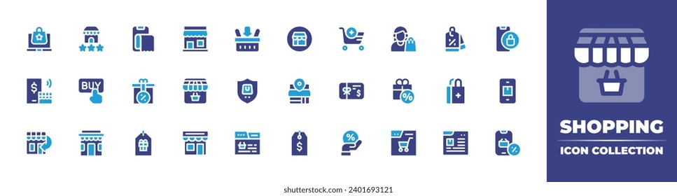 Shopping icon set. Duotone color. Vector illustration. Containing shop, add to basket, order online, price tag, protection, procurement, ecommerce, online transaction, add to cart, black friday, gift.