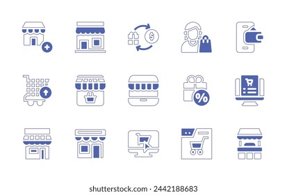 Shopping icon set. Duotone style line stroke and bold. Vector illustration. Containing store, buy, ewallet, shop, female, cart, online store, order, gift box, food stall, online shop.