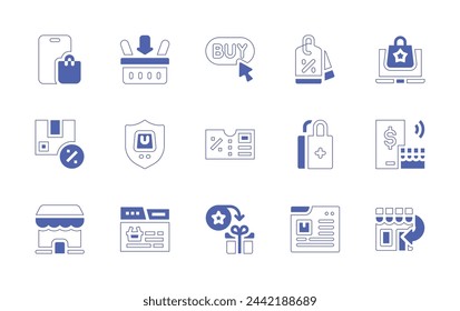 Shopping icon set. Duotone style line stroke and bold. Vector illustration. Containing add to basket, order online, price tag, protection, procurement, ecommerce, online store, buy button.