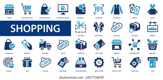 Shopping icon set. E-Commerce icons. E-commerce, online shopping and delivery icon. Flat icons collection