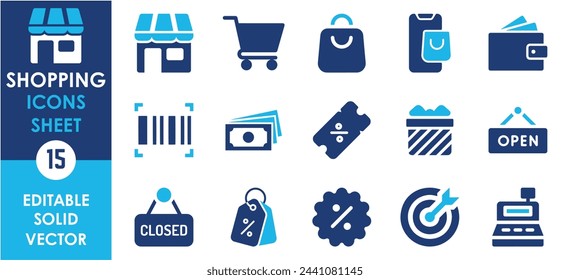 Conjunto de iconos de compras. Iconos de comercio electrónico. Icono de comercio electrónico, compras en línea y entrega. Conjunto de iconos planos vectoriales.