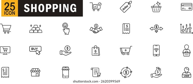 Shopping icon set. E-commerce, retail, online store, payment methods, buying, selling, transactions, mobile shopping, consumer activity and more.