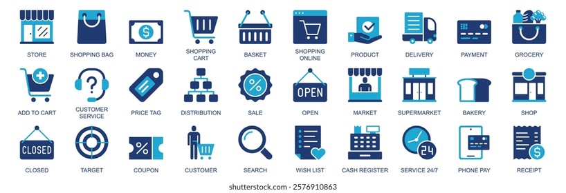 Shopping icon set in flat duotone solid icons web design. Pack pictograms with store, bag, money, cart, product, delivery, payment, grocery, customer service, price tag, other. Vector illustration.