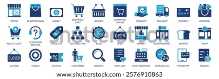 Shopping icon set in flat duotone solid icons web design. Pack pictograms with store, bag, money, cart, product, delivery, payment, grocery, customer service, price tag, other. Vector illustration.