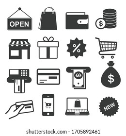 Shopping icon set in flat style, vector illustration on white isolated background. Market store business concept.