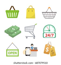 Shopping icon set, flat style. Shop icons collection isolated on white background. Store objects and items. Vector illustration, clip-art