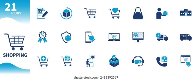 Shopping icon. Set of icons for e-commerce, shopping cart, supermarket, delivery, store, computer. Solid vector icons.