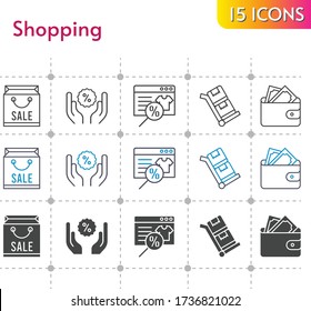 shopping icon set. included shopping bag, online shop, wallet, discount, trolley icons on white background. linear, bicolor, filled styles.