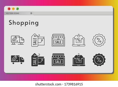 shopping icon set. included shopping bag, online shop, shop, discount, delivery truck icons on white background. linear, filled styles.