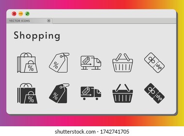 shopping icon set. included shopping bag, price tag, discount, shopping-basket, delivery truck, shopping basket icons on white background. linear, filled styles.