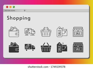 shopping icon set. included shopping bag, wallet, shop, shopping-basket, delivery truck, shopping basket icons on white background. linear, filled styles.
