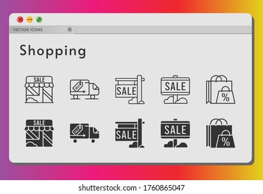 shopping icon set. included shopping bag, sale, shop, delivery truck icons on white background. linear, filled styles.