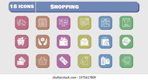 shopping icon set. included shopping bag, online shop, sale, shop, wallet, price tag, shopping cart, discount, credit card icons on white background. linear, filled styles.