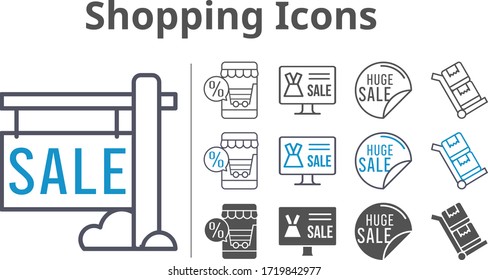 conjunto de iconos de compras incluidos tienda en línea, venta, iconos de carritos