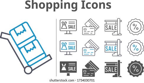 shopping icon set included online shop, sale, discount, credit card, trolley icons