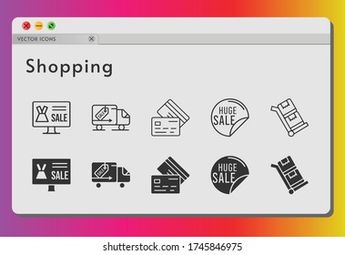 shopping icon set. included online shop, sale, delivery truck, credit card, trolley icons on white background. linear, filled styles.