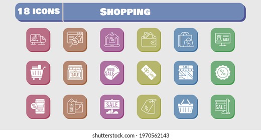 shopping icon set. included online shop, shopping bag, sale, shop, wallet, price tag, shopping cart, discount, shopping-basket icons on white background. linear, filled styles.