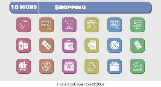 shopping icon set. included online shop, shopping bag, sale, shop, wallet, price tag, shopping cart, discount, credit card icons on white background. linear, filled styles.