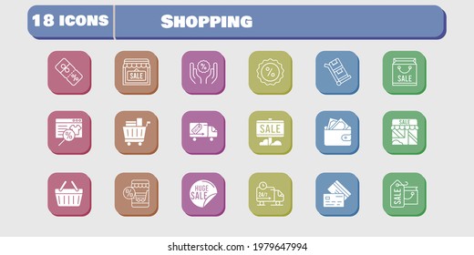 shopping icon set. included online shop, shopping bag, sale, wallet, shop, shopping cart, discount, shopping-basket, delivery truck icons on white background. linear, filled styles.