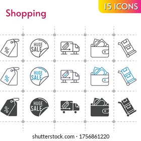 shopping icon set. included sale, wallet, price tag, delivery truck, trolley icons on white background. linear, bicolor, filled styles.