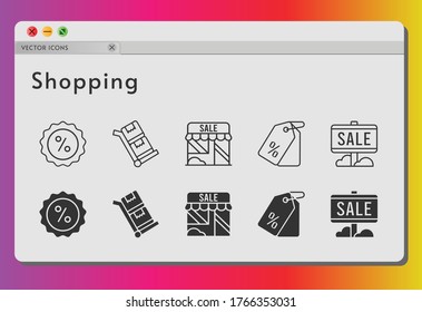 shopping icon set. included sale, shop, price tag, discount, trolley icons on white background. linear, filled styles.