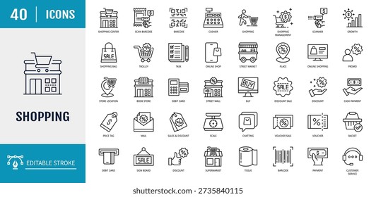 Shopping icon set. Includes cart, shop, offer, delivery, e-commerce, buy, product, customer, online shopping and more. Outline Icon Set. Editable stroke with Vector illustration