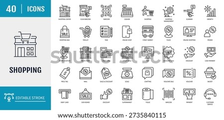 Shopping icon set. Includes cart, shop, offer, delivery, e-commerce, buy, product, customer, online shopping and more. Outline Icon Set. Editable stroke with Vector illustration