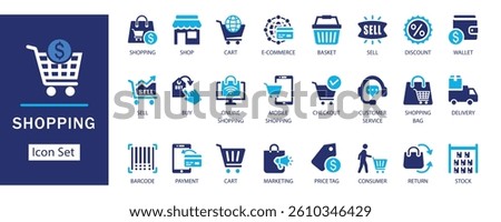 Shopping icon set . Including cart, e-commerce, buy, sell, delivery, payment, discount, and customer service flat vector icons. Perfect for online store, retail, and digital commerce projects.