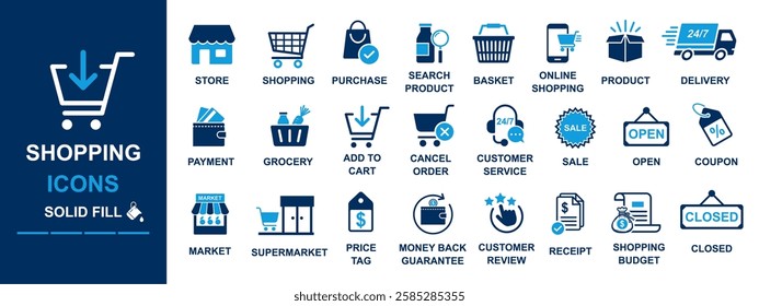 shopping icon set including store, purchase, search product, online shopping, product, delivery, payment, grocery, cancel order, customer, service, sale, coupon, guarantee, tag, receipt, budget, open