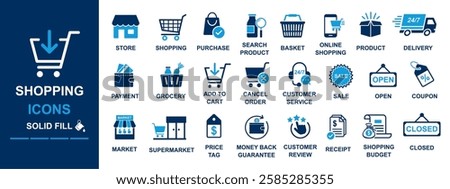 shopping icon set including store, purchase, search product, online shopping, product, delivery, payment, grocery, cancel order, customer, service, sale, coupon, guarantee, tag, receipt, budget, open
