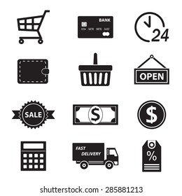Shopping icon set isolated on white background. Symbols for supermarket and commerce. Vector illustration.