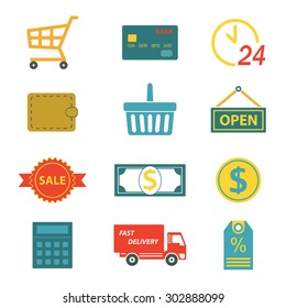 Shopping icon set isolated on white background. Symbols for supermarket and commerce. Colorful vector illustration.