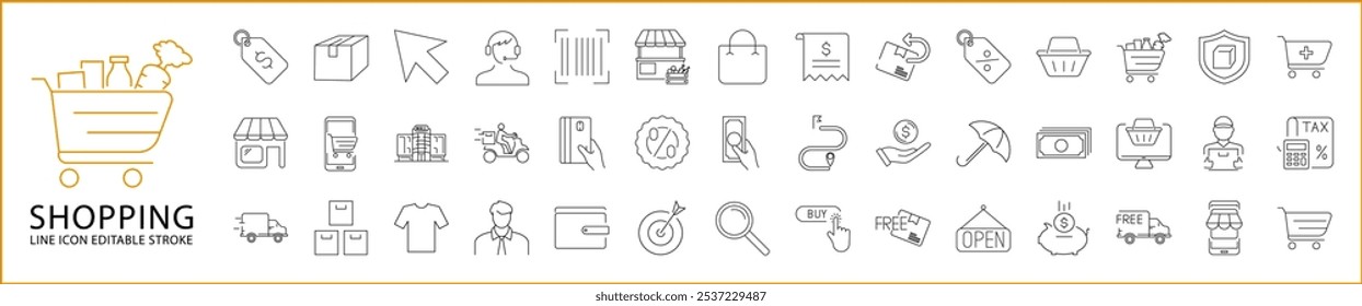 Shopping Icon Set. Shopping Line Icons. Containing buy, commerce, shop, purchase, store, e-business, online, sale, payment, web, cart, etc. Vector Illustration. Editable Stroke.