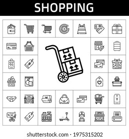 shopping icon set. line icon style. shopping related icons such as shop, panties, post it, cash register, discount, trolley, supermarket, supermarket gift, shopping cart, paper bag