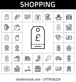 shopping icon set. line icon style. shopping related icons such as payment method, online shopping, shop, delivery truck, trolley, supermarket, cashier, paper bag, tag