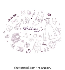 Shopping icon set. Linear graphic. Romantic engagement. Vector image with a calligraphic inscription, card illustration