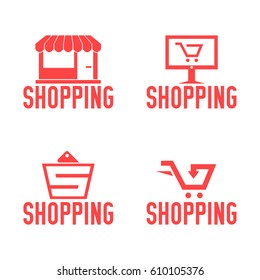 Shopping icon set: logo, web elements, red symbols. Store, online shopping, basket with sale card, fast shopping.