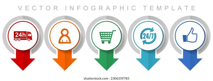 Shopping icon set, miscellaneous pointer icons such as 24h delivery, customer, cart and like for webdesign and mobile applications, modern design infographic vector template
