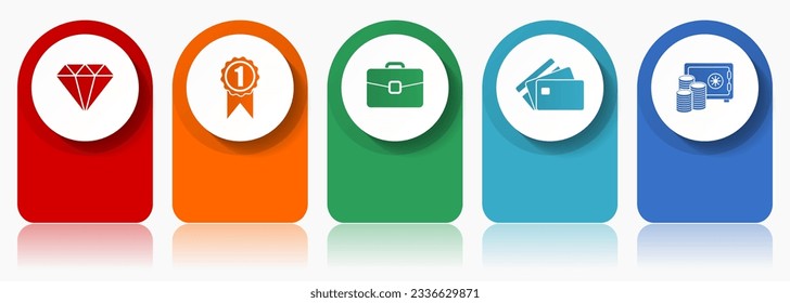 Shopping icon set, miscellaneous vector icons such as diamond, badge, case, credit card and money, modern design infographic template, web buttons in 5 color options