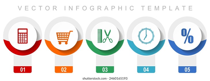 Shopping icon set, miscellaneous vector icons such as calculator, cart, barber, clock and percent, modern design infographic template, web buttons in 5 color options