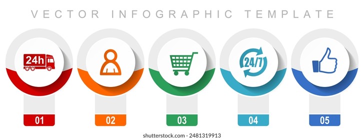 Shopping icon set, miscellaneous vector icons such as 24h delivery, customer, cart and like, modern design infographic template, web buttons in 5 color options