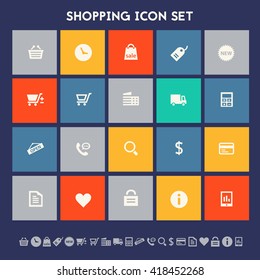 Shopping icon set. Multicolored square flat buttons