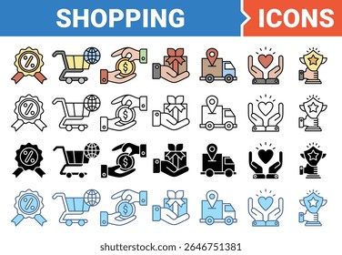 Shopping icon set with multiple style collection.