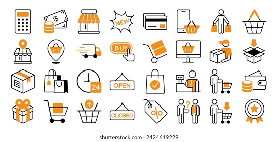 Conjunto de iconos de compras. Compra en línea, tienda, entrega, consultor y símbolo de carrito de compras. Colección de vectores de iconos de dos colores.