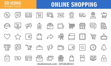 Conjunto de iconos de compras. Compra online, tienda, entrega, promoción y símbolo de Carrito de compras. Colección de Vector de iconos sólidos.