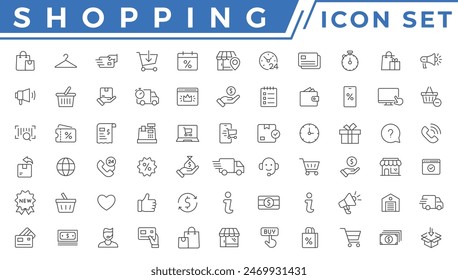 Shopping icon set. Online shopping, store, delivery, promotion and shopping cart symbol. Solid icons vector collection