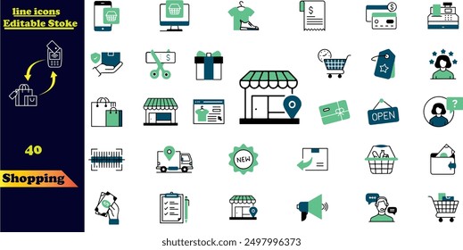 Shopping icon set. Online shopping, store, delivery, promotion and shopping cart symbol.